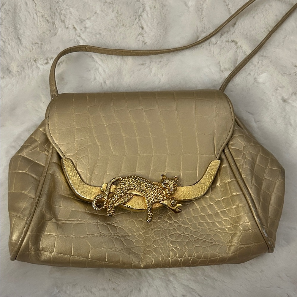Gold Crocodile Embossed Bag with Leopard Accent